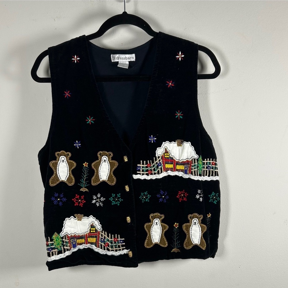 VTG Dressbarn Holiday Vest Womens Medium Black 90s Polar Bear Velvet
